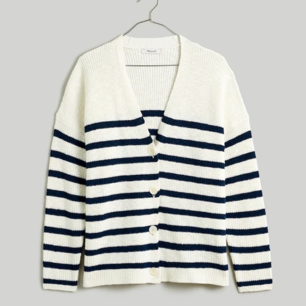 Madewell V-Neck Button-Front Long Cardigan Sweater Classic Navy Stripe Size L